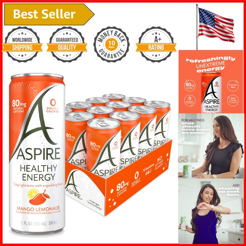 Vegan Mango Lemonade: Zero-Calorie Energy Drink with Clean Ingredients, 12 Pack