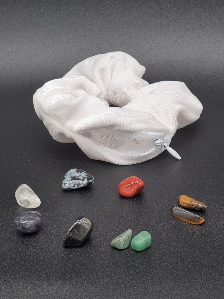 Crystal Chakra Scrunchie with Velour Pocket and 7 Healing Stones