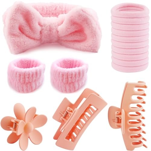 16-Piece Pink Face Wash Headband Set with Wristband & Hair Clips
