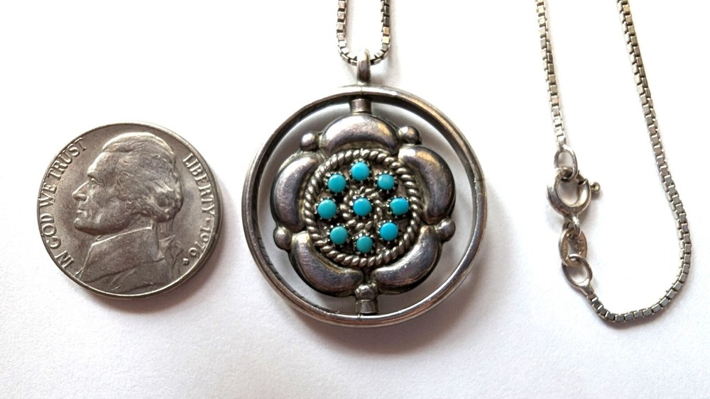 Zuni Sterling Silver Turquoise Coral Spinner Pendant Necklace  Fred & Elsie Sign