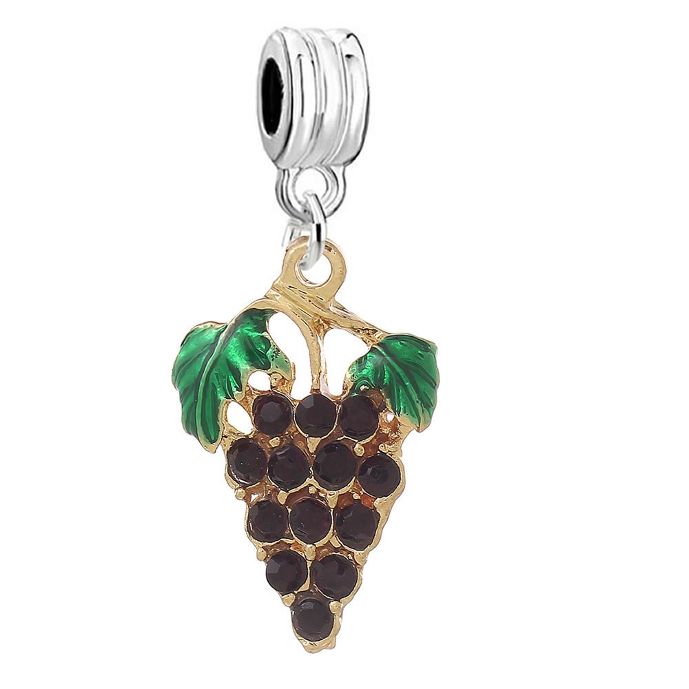 Rhinestones Grape Purple Fruit Dangle Charm Pendant for European Snake Chain Bra