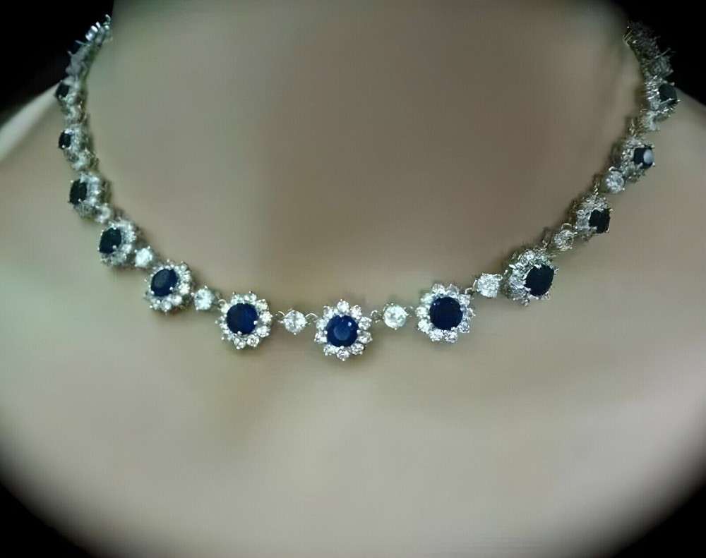 28Ct Round Lab-Created Sapphire Flower Tennis Necklace 14K White Gold Plated 16