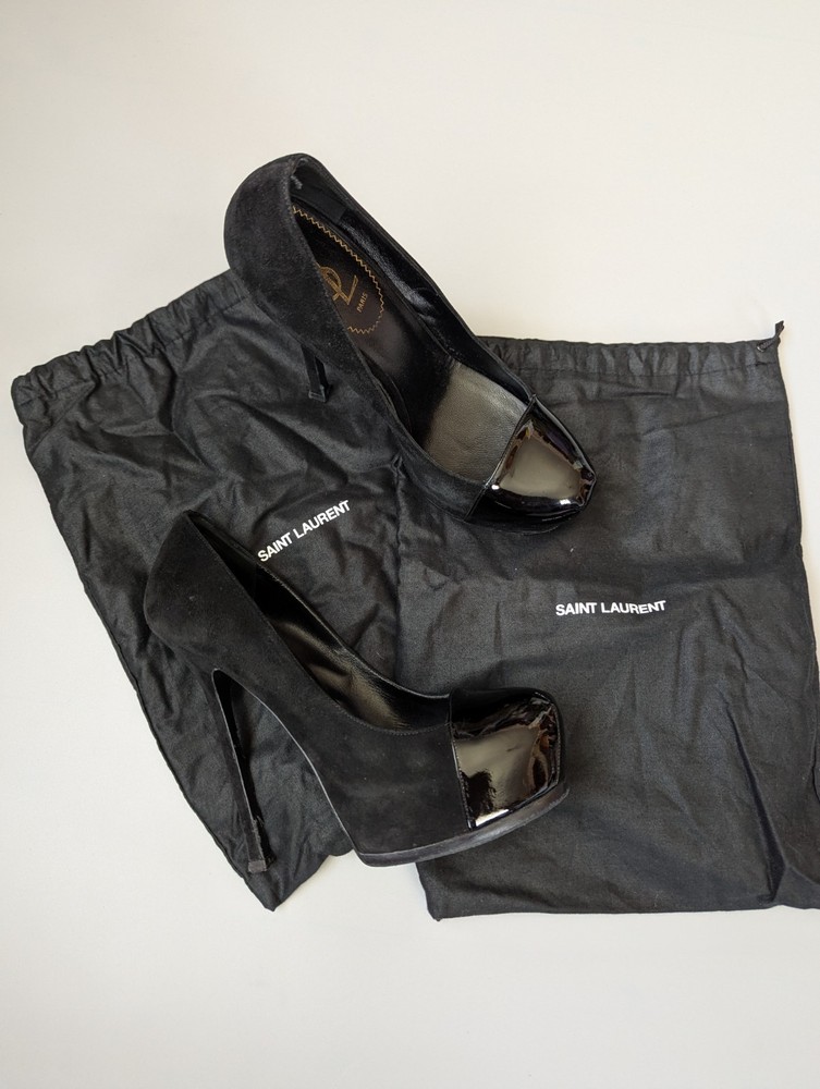 YSL Yves Saint Laurent Black Suede Tribtoo 140 Platform Pumps Size 39
