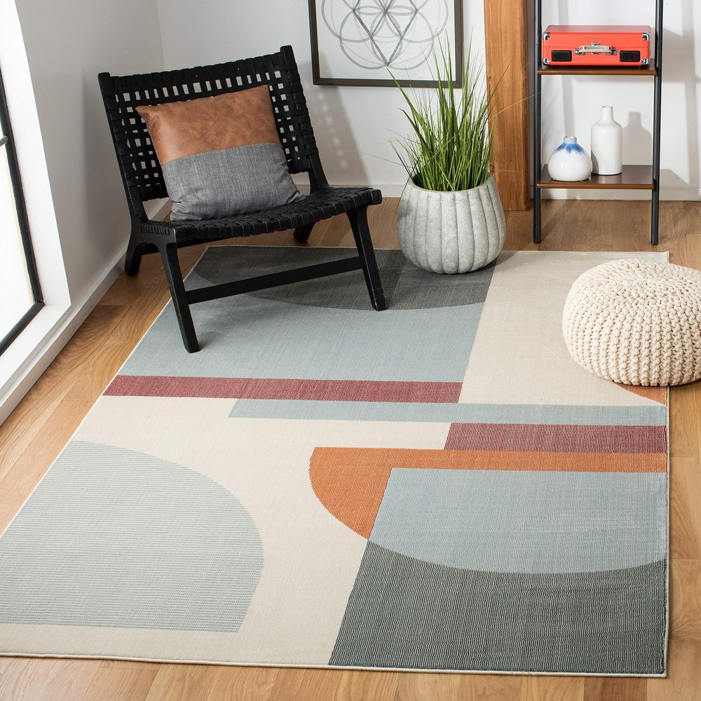 Orwell Collection Area Rug - 3' Square, Ivory & Blue, Mid-Century Modern Abst...