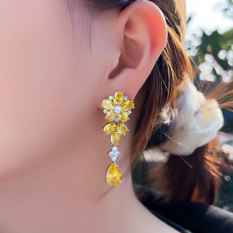 Silver Plated Yellow Cubic Zircon Big Flower Long Drop Earrings for Women Bridal