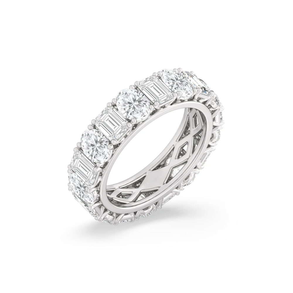 18K Solid White Gold Diamond Eternity Band Emerald Cut 6 Ct Lab Grown 5.10 mm