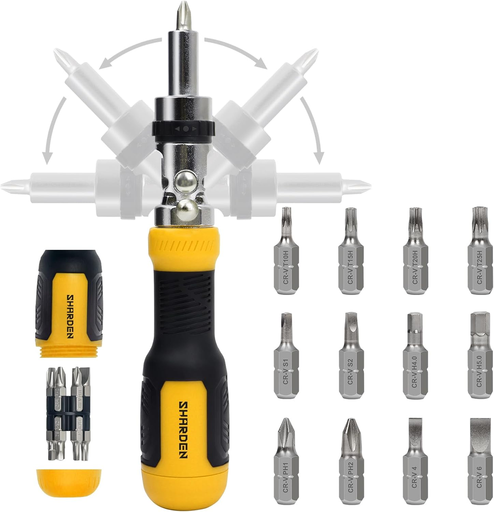 Ratcheting Multi Bit Screwdriver - 13-In-1 Tool Set, Flat Head/Square/Torx/Hex/P
