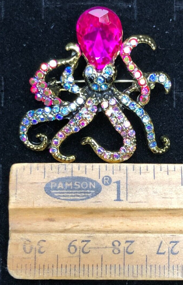 Vintage Octopus Brooch Pin Pink Blue Crystal Glass Rhinestone