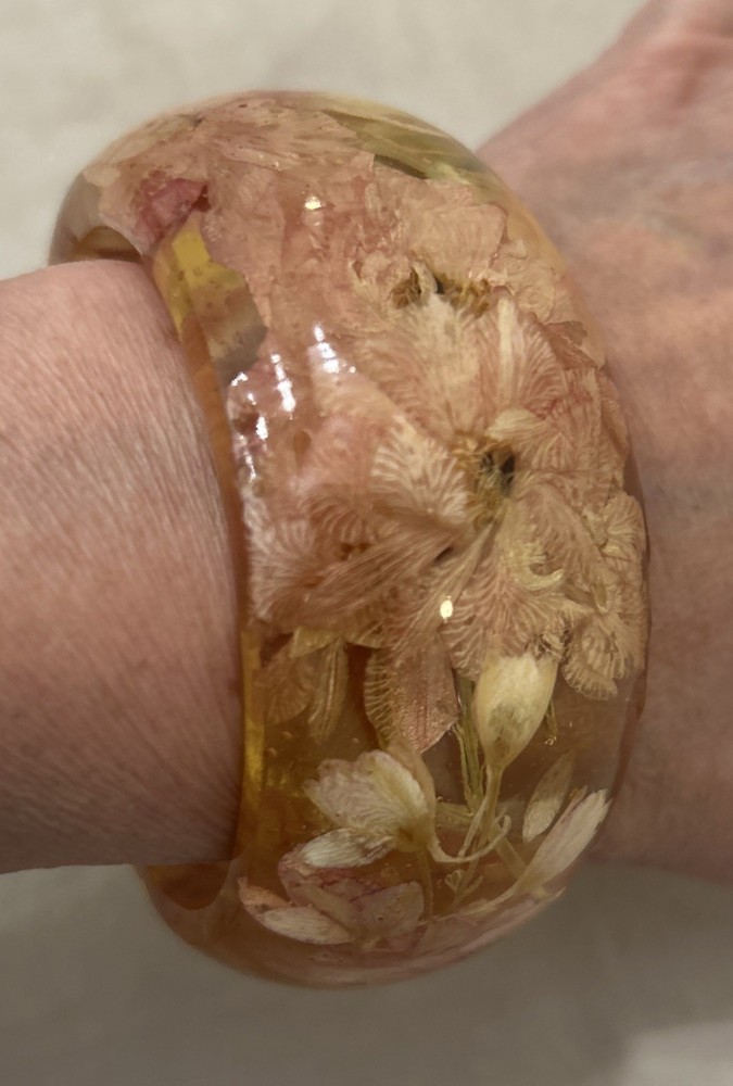 Vintage Lucite Wide Statement Flower Bangle with Blush Pink Peonies