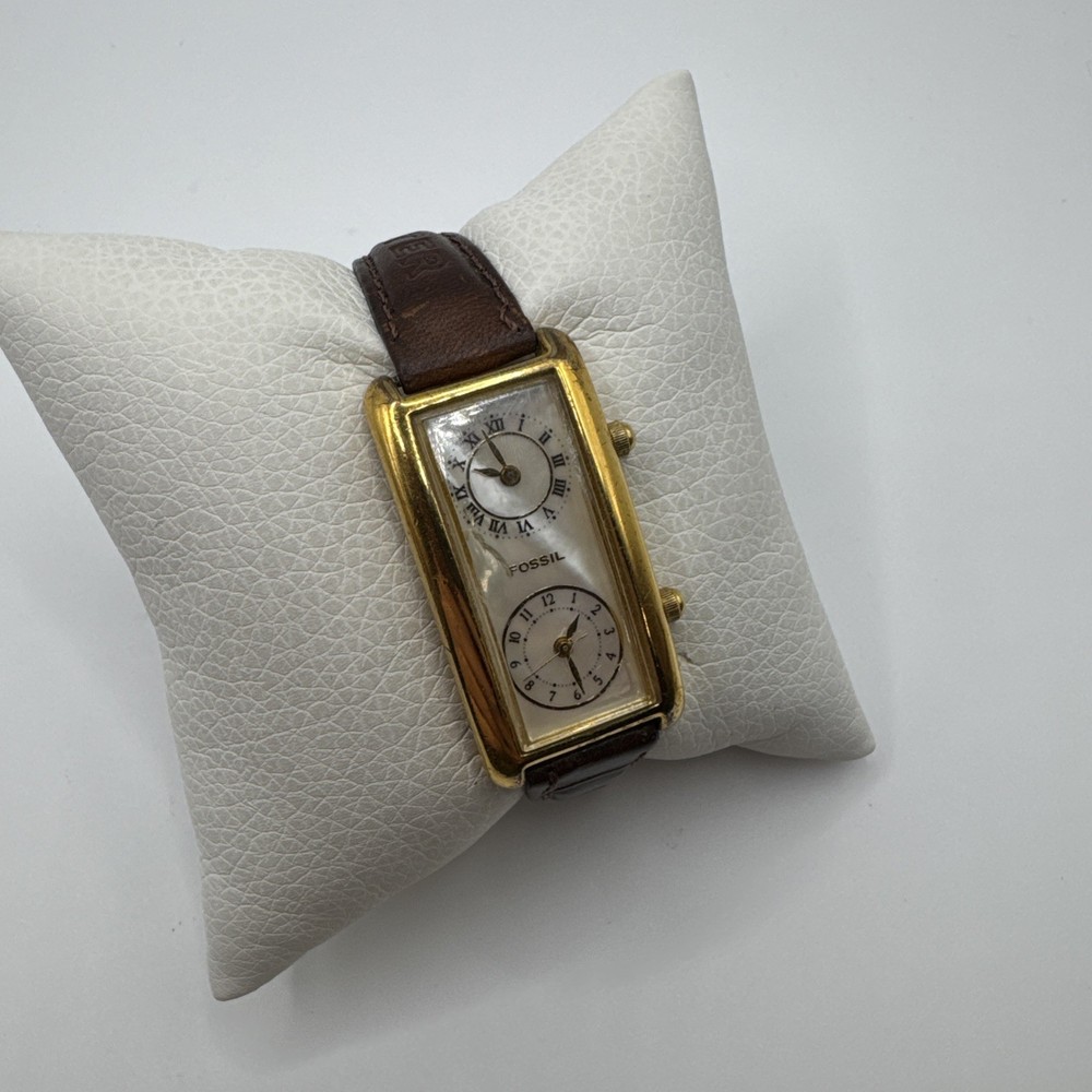 Fossil Dual Time Mens Watch 21mm Gold Tone Leather Strap DR-2101 New Battery