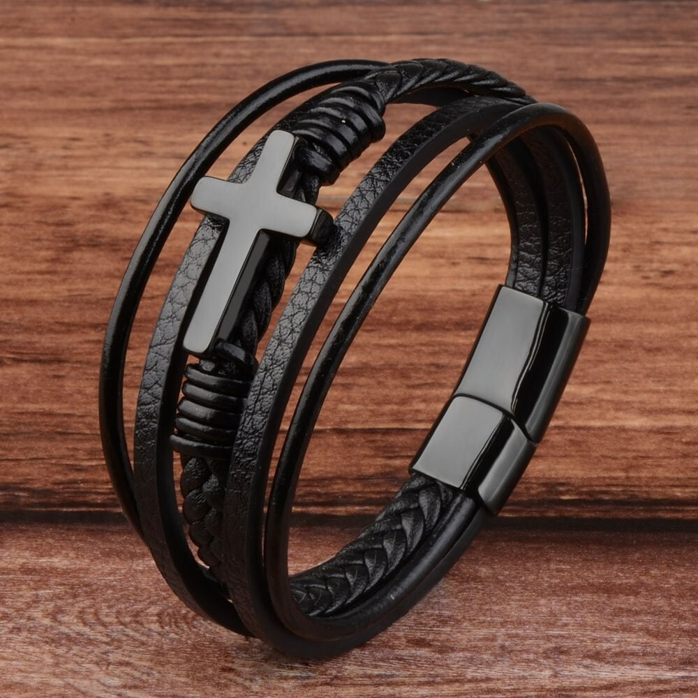 Stylish Leather Cross Bracelet for Men – Perfect Prayer Rosary Gift for Dad
