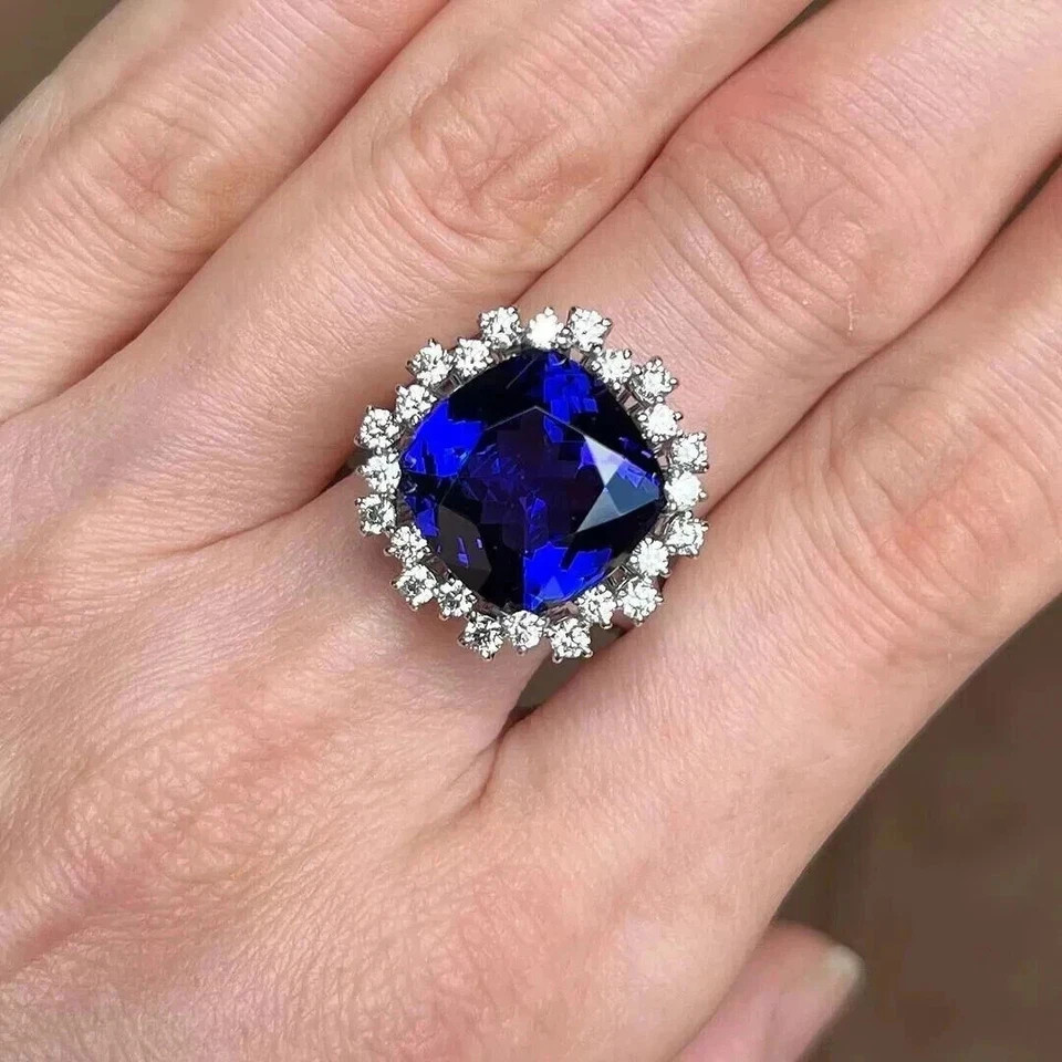 4.44 Ct Cushion Cut Natural Tanzanite Diamond Wedding Ring 14K White Gold