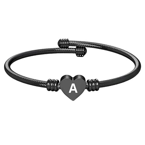 Stainless Steel Heart Word-A Bracelet Engraved Charm Bracelet for Women Black