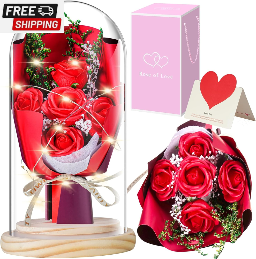 Rose Flowers Gifts for Women, Rose Bouquet in Glass Dome with LED Light, Birthda