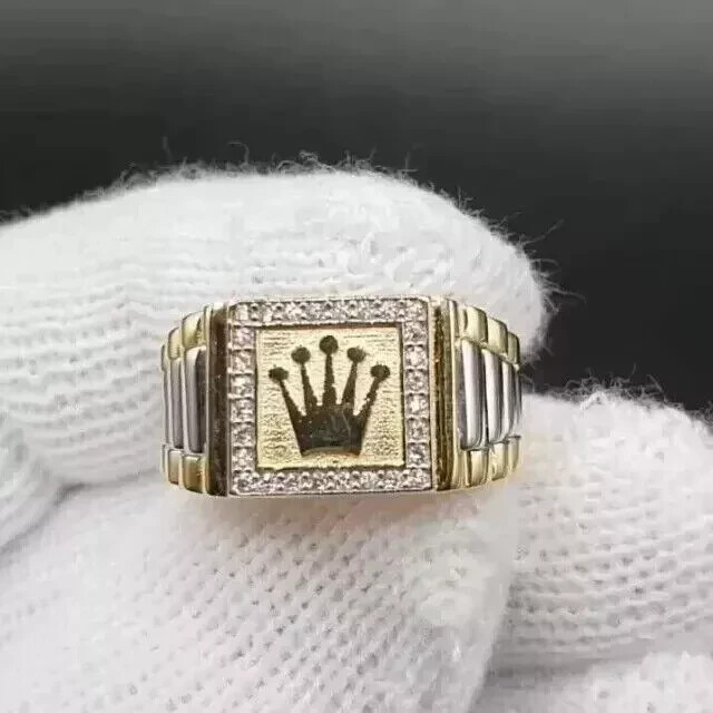 Men's Crown Band Ring Round Cut Lab Created Diamond 14K Yellow Gold Plated