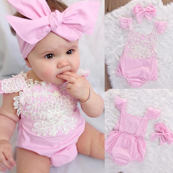 Newborn Baby Girls Clothes Sleeveless Floral Lace Romper Jumpsuit Headband