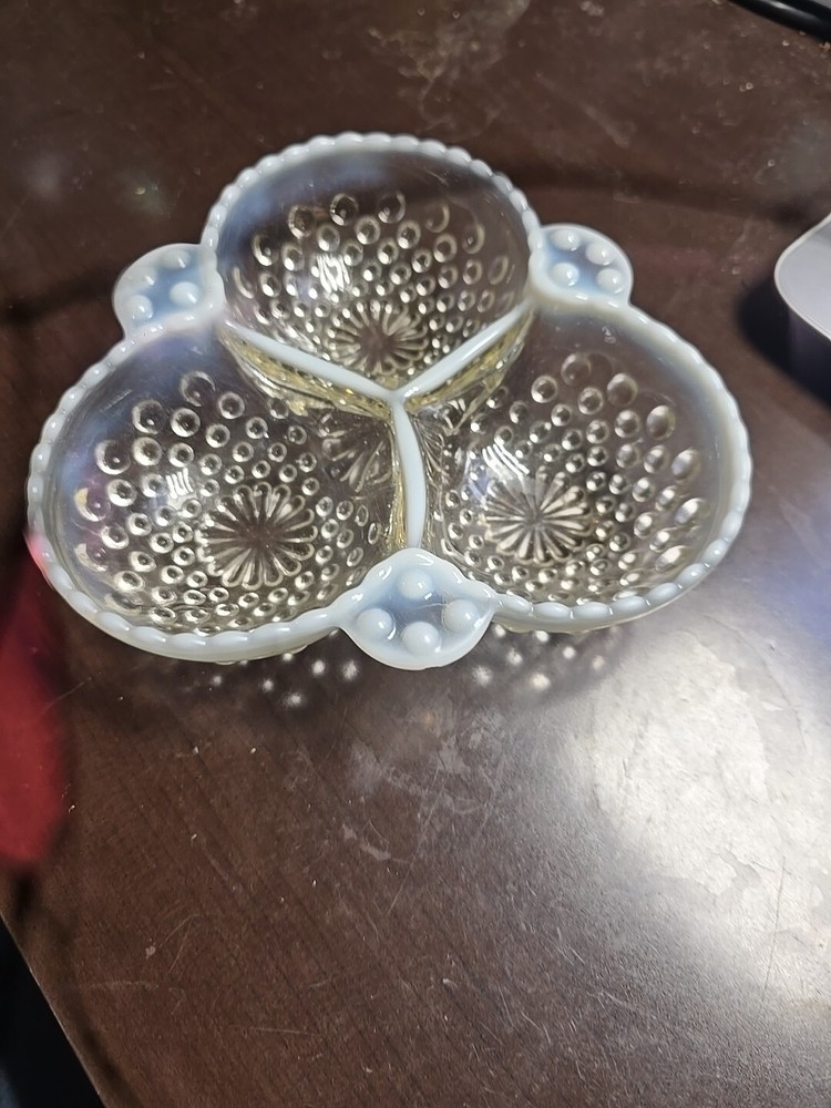 Vintage Moonstone Opalescent Hobnail  3 Section Divided Relish Candy Dish