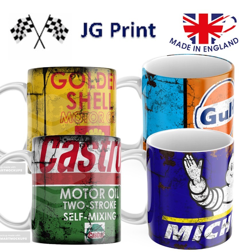 Oil Can 4 pack inspired 110z Mug Gift - Motorsport Gulf Shell Michelin Castrol