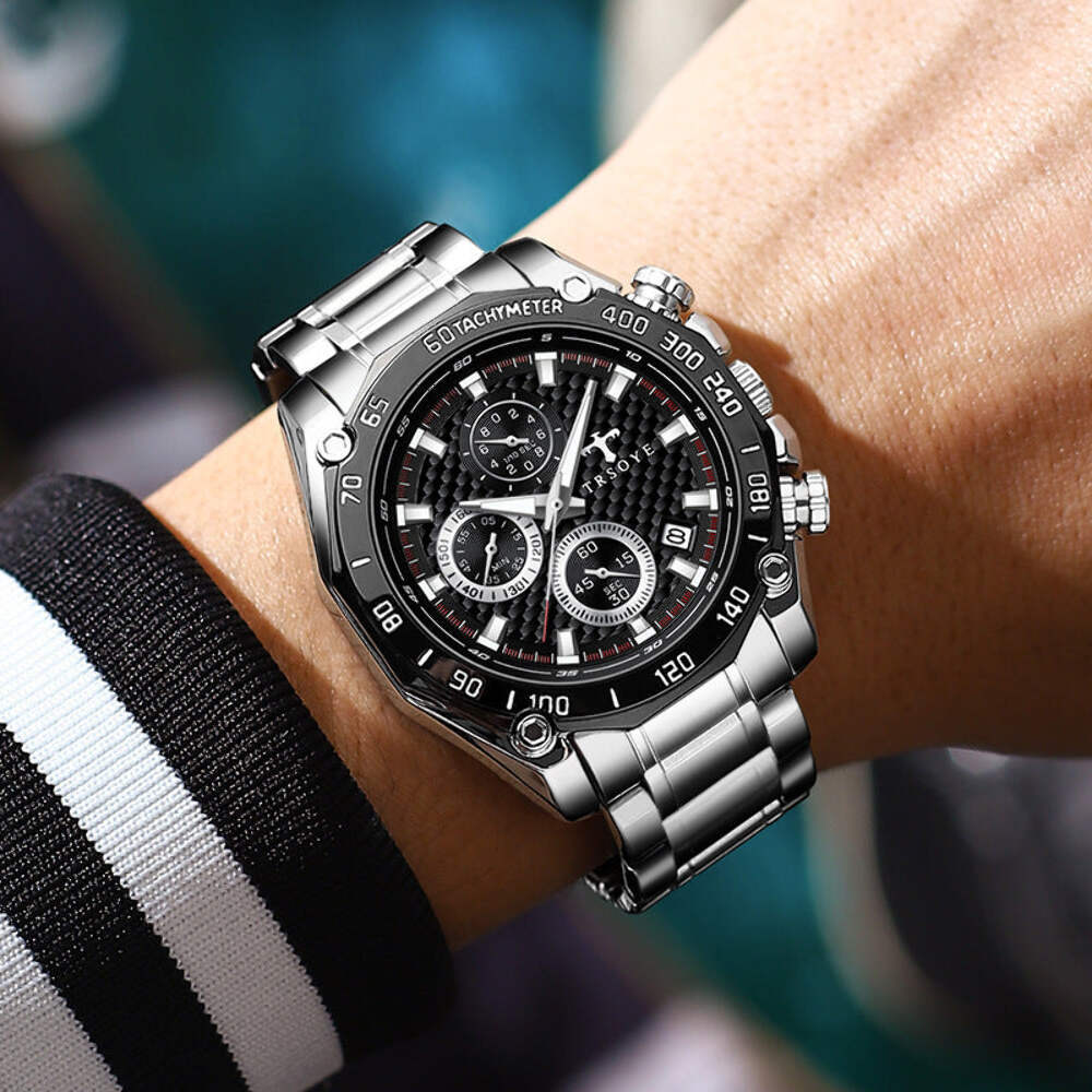 Men's Black Waterproof Sports Quartz Watch with Luminous Dial and Stainless Stee