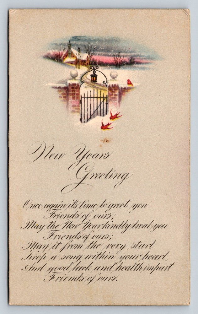 c1924 New Years Greeting, Winter Scene w/ Red Birds ANTIQUE Postcard-image