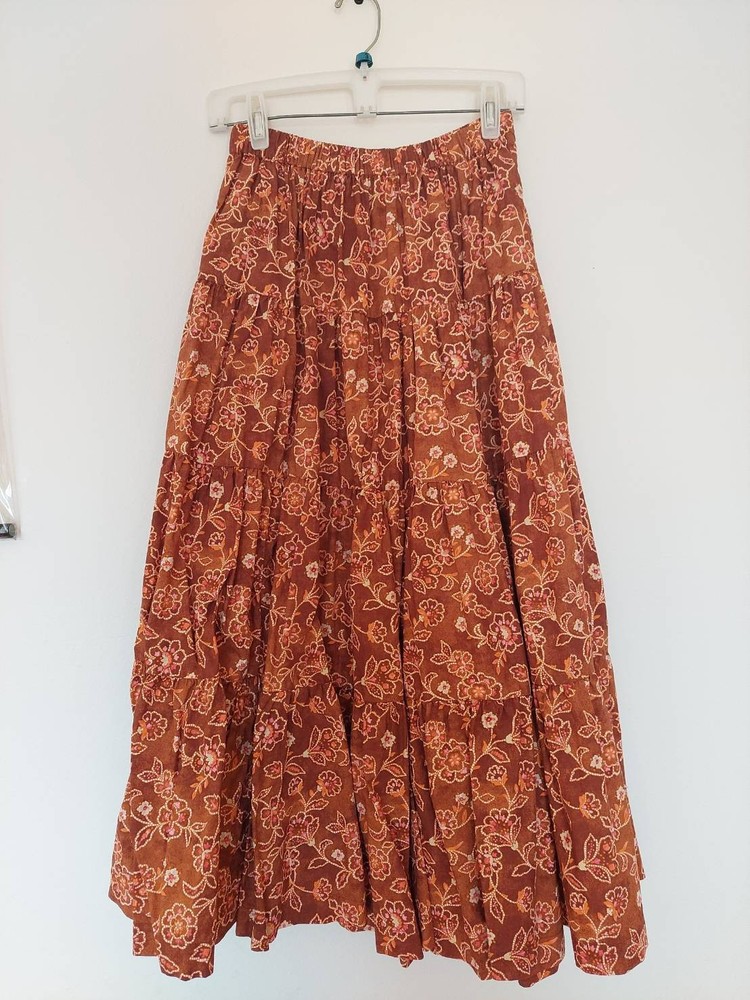 J Crew New Tiered Pull-On Maxi Skirt in Vintage Vines sz XXS Pecan Color Cotton