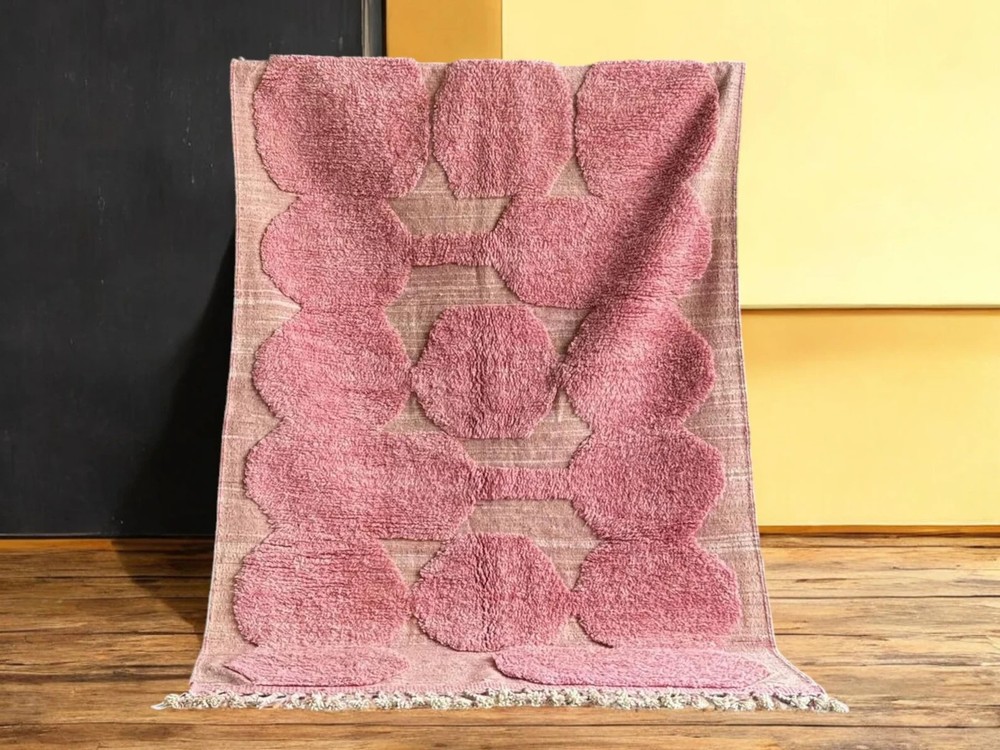 Moroccan Berber Wool Rug Color Pink Geometric Handmade Design Carpet Rug