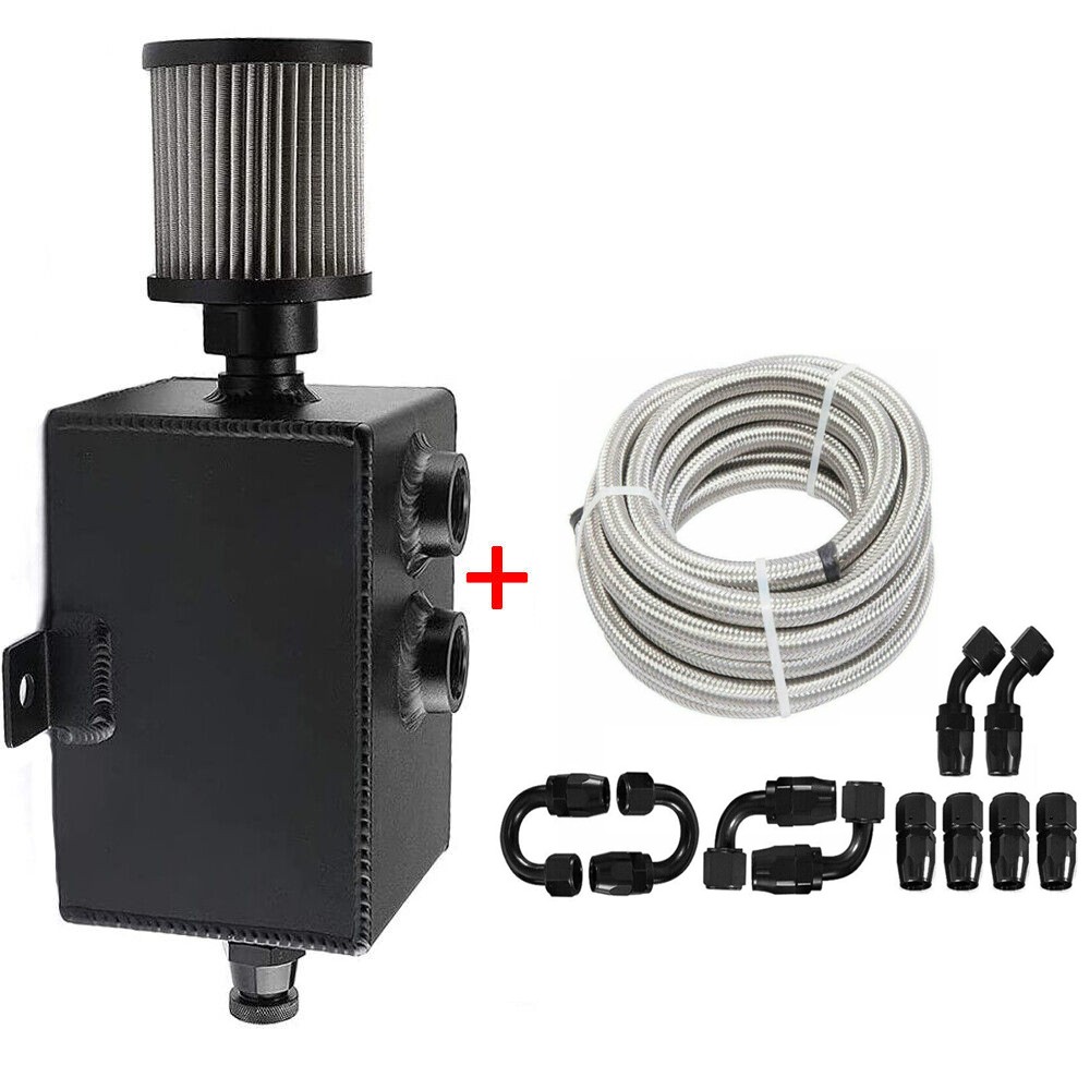 2L Oil Catch Can Reservoir Tank Breather Filter Baffled + 10AN Fuel Line Kit