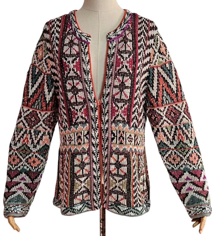 PERUVIAN CONNECTION Multicolor Cardigan Ethnic Style/Three Buttons/Pima Cotton L