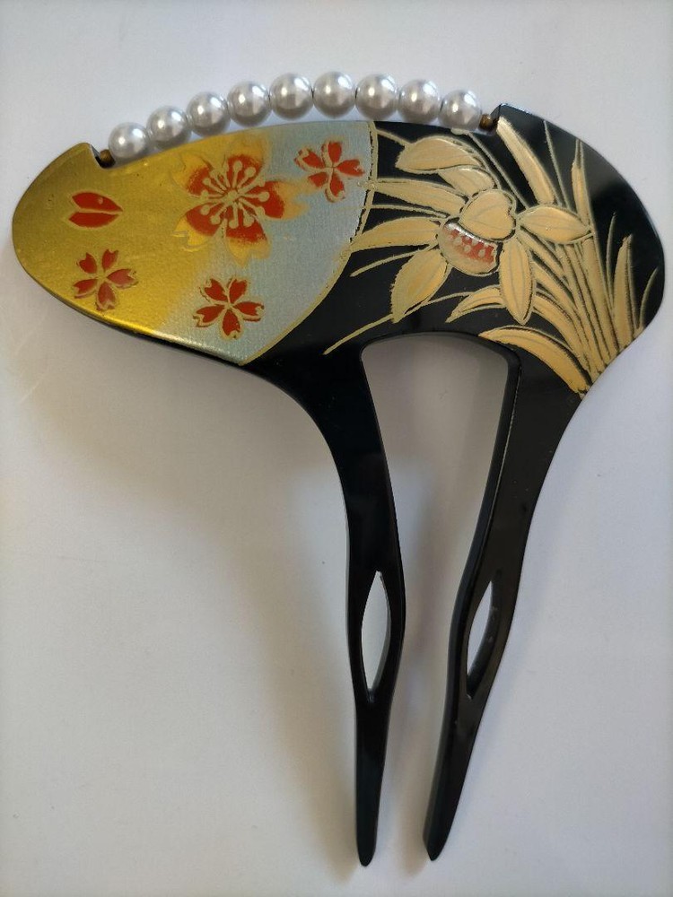 Gold Kinka Pearl Kanzashi Hairpin with Sakura Orchid Design 12cm Luxury Hair Accessory