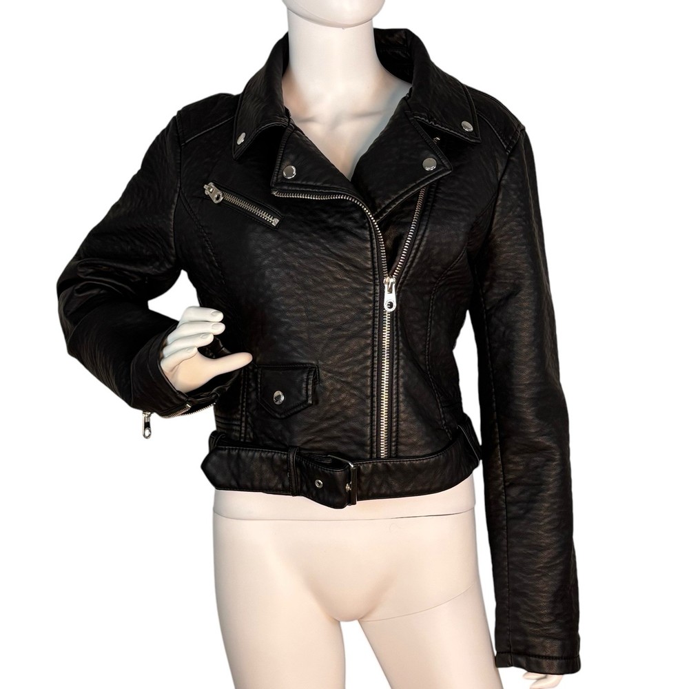Members Only Size L Black Cropped Faux Leather Thick Pebbled Moto Jacket-image