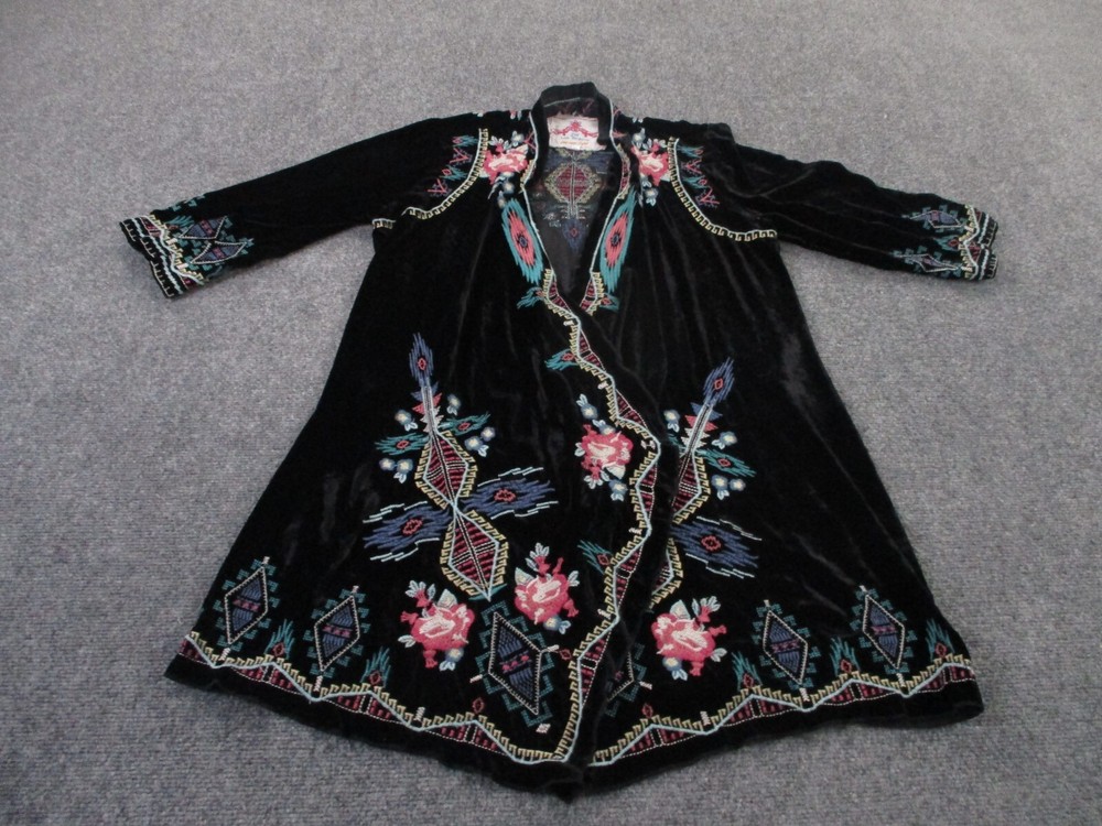Johnny Was Wrap Sweater Womens M Embroidered Cardigan Duster Rayon Silk Open
