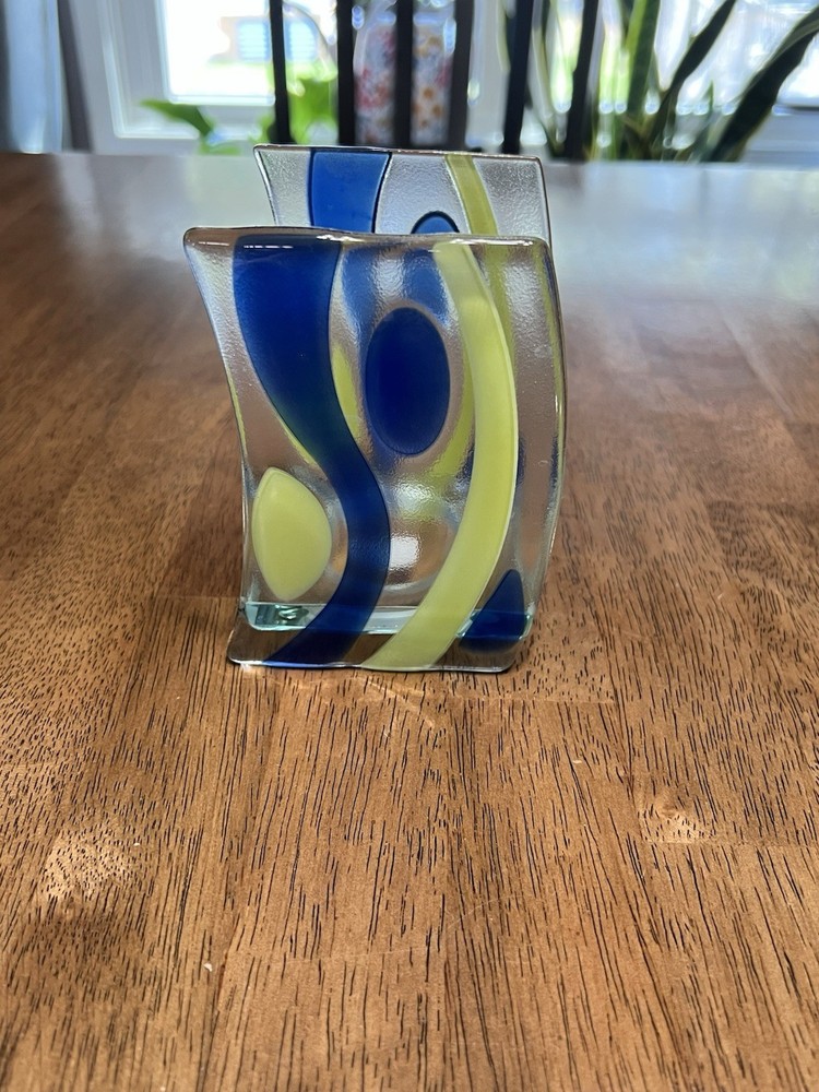 PartyLite Fused Glass Contemporary Votive Tealight Candle Holder Blue Green Wave