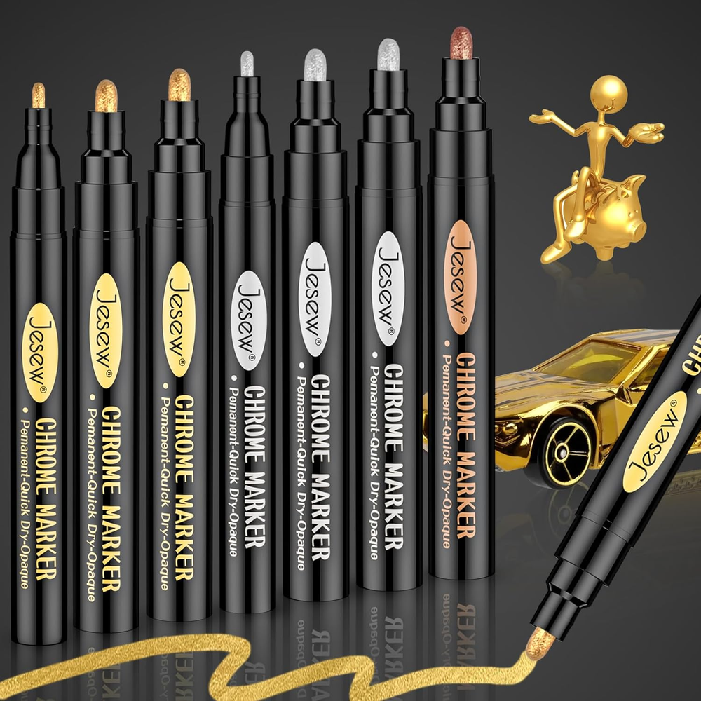 Metallic Paint Markers, 7PCS Chrome Reflective Paint Pens for Model Car, Metal,