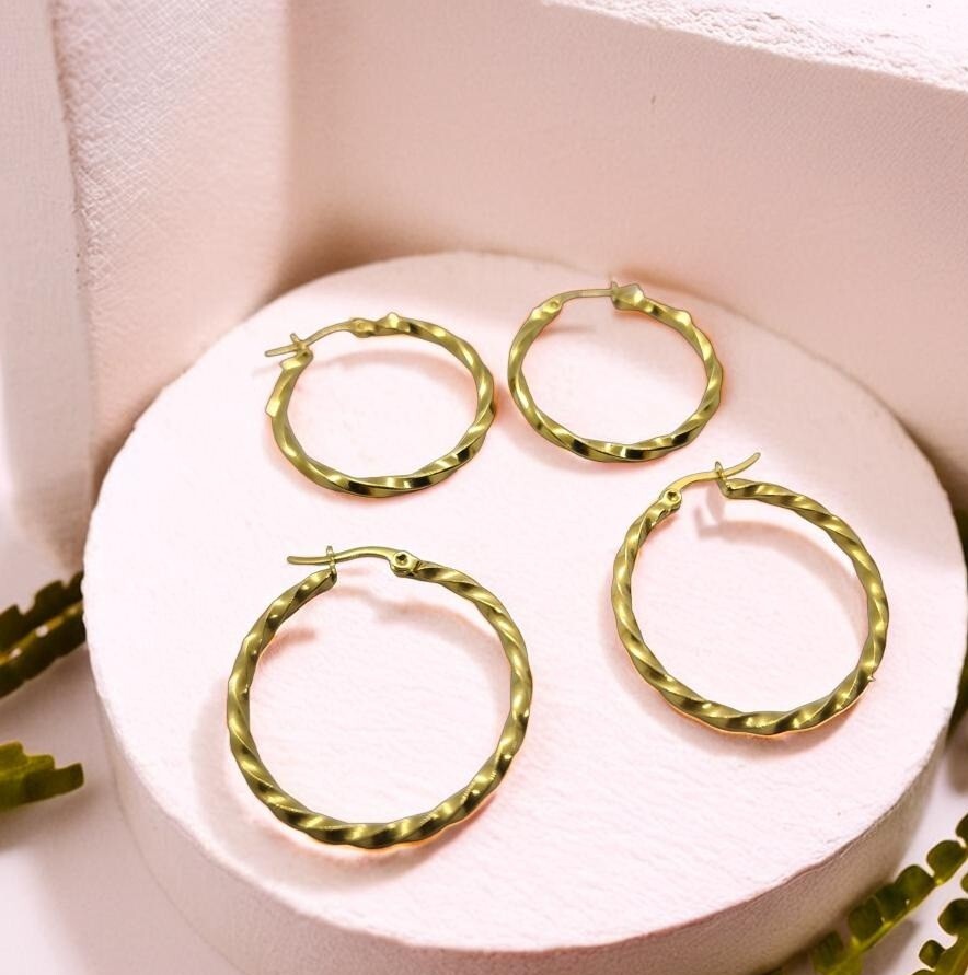 14K Yellow Gold Candy Twist Hoop Earrings in 30mm 40mm 50mm 60mm Sizes