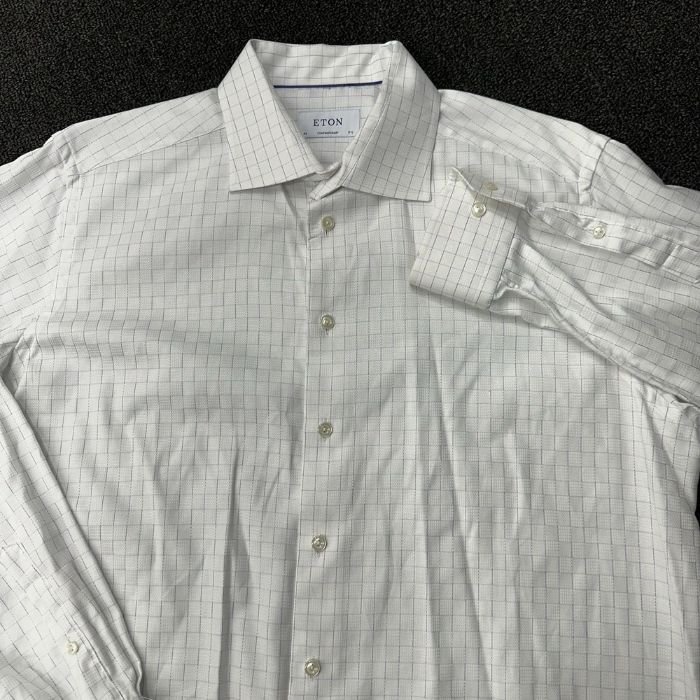 Eton Dress Shirt Mens 17.5 44 Blue Check Contemporary Button Up Signature Twill