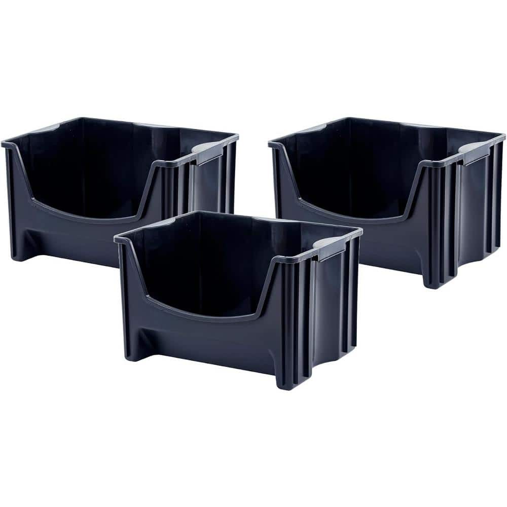 Jumbo Stackable 16gal.Storage Bins w/Handles in Black(Pack of 3)