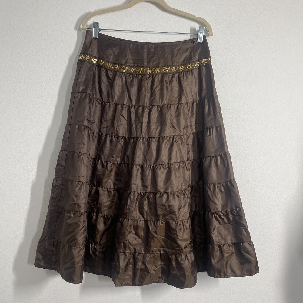 Y2K Brown Ruffle Satin Tiered Skirt with Beaded Trim for Women Size 7/M