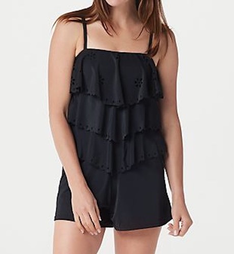 Black Laser Cut Tiered Romper Swimsuit with Boy Shorts Size 12 NWT