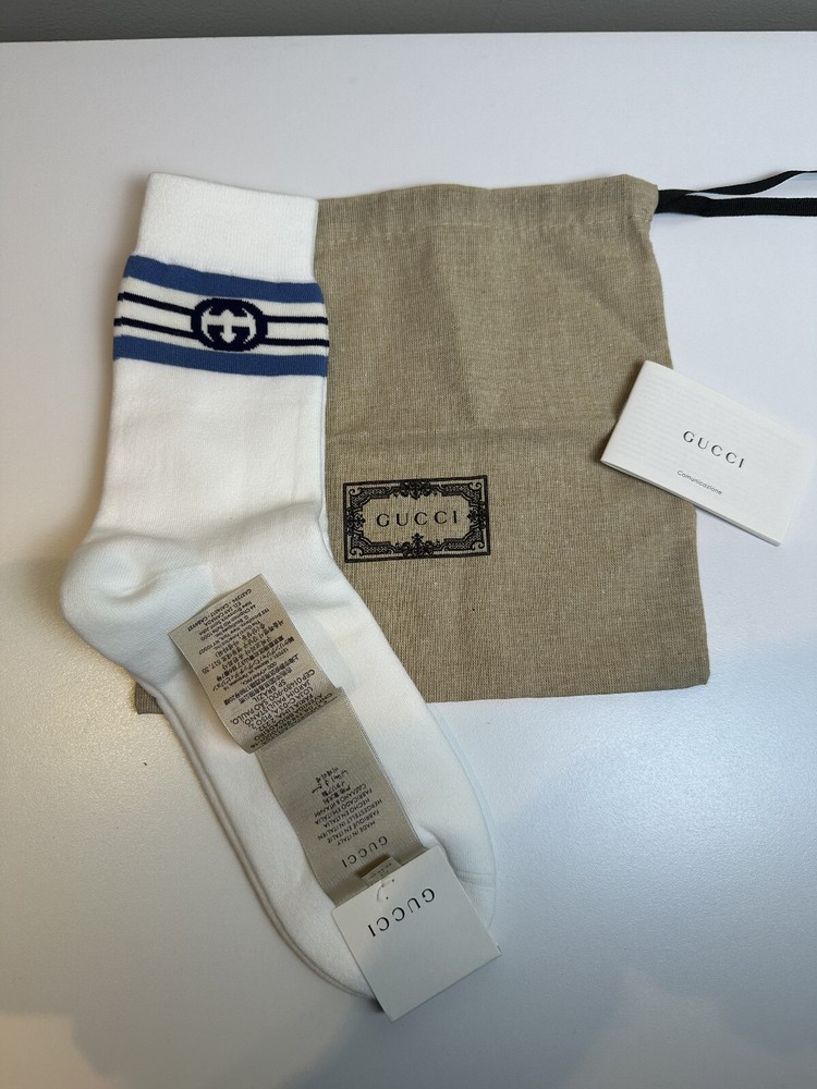 Authentic Gucci GG Logo Socks in White & Blue - Size M