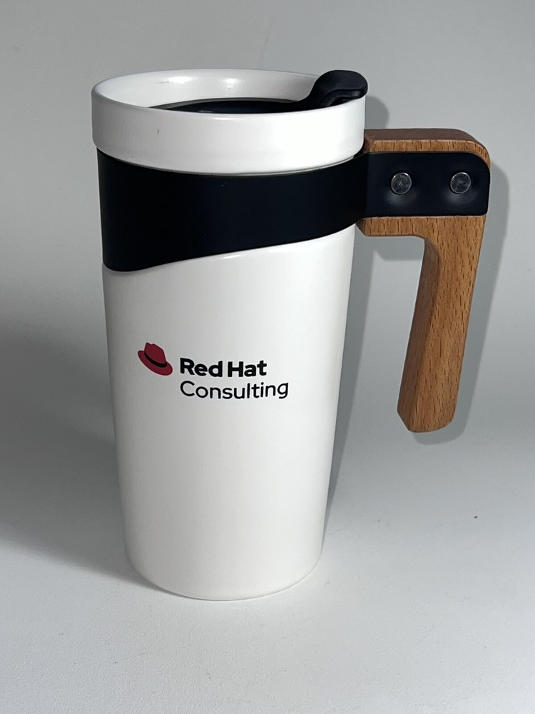 RED Hat Ceramic TRAVEL MUG Wooden Handle Coffee Mug Tea Cup White Brown Lid 16oZ