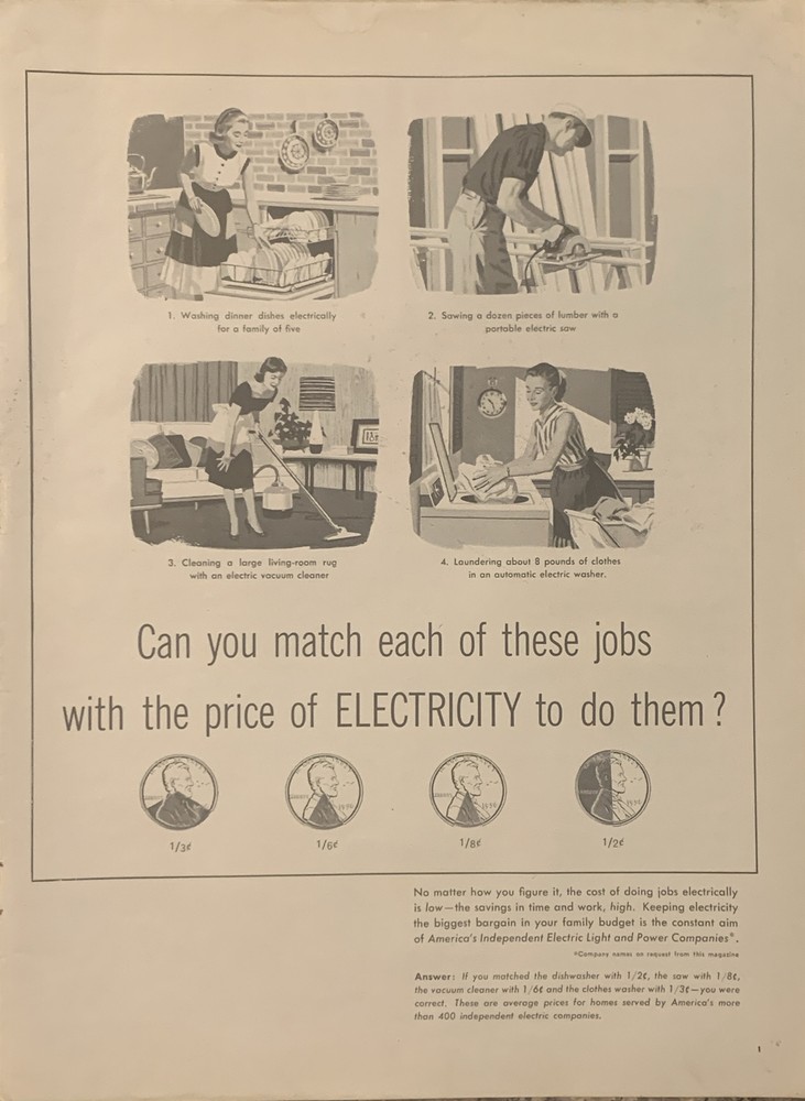 1956 Americas Electric Light & Power Co PRINT AD Housewife Electricity VTG 1950s