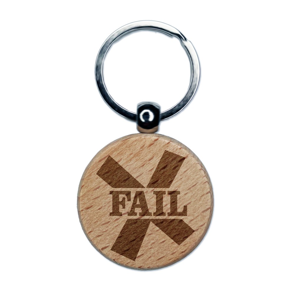 Fail X Mark Engraved Wood Round Keychain Tag Charm