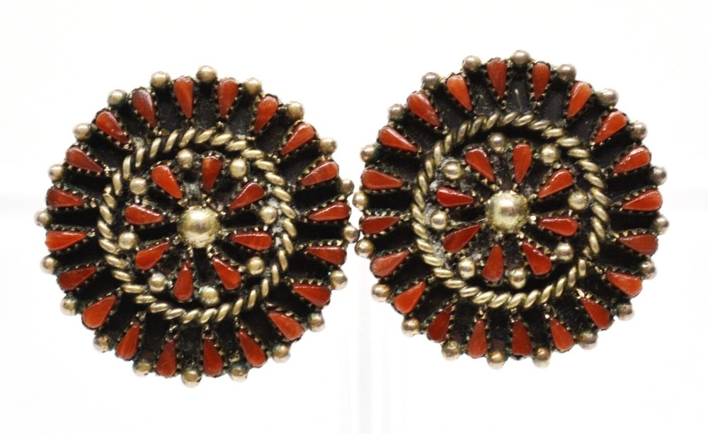 Tiffany Yatsattie ZUNI Solid 925 Sterling Silver Red Coral Flower Earrings!