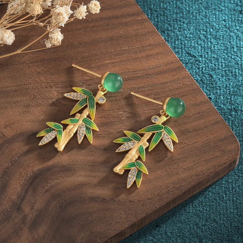 Luxury Green Bamboo Leaf Pendant Tassel Earrings For Women Delicate Fashion