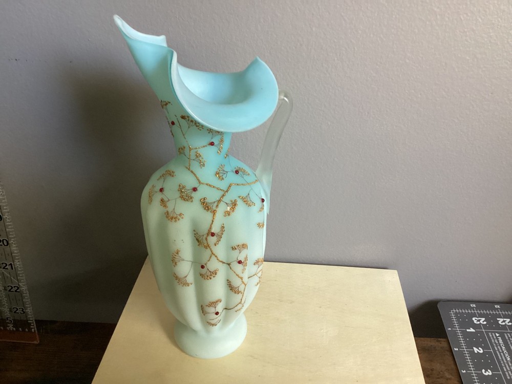 RARE VICTORIAN  HAND BLOWN & PAINTED EWER RAISED GILDING RED GLASS BEADING 11”H