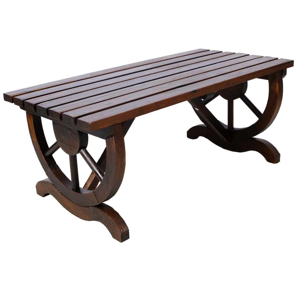 Outdoor Rustic Wooden Bench with Wagon Wheel Legs, 2 People Outdoor Bench