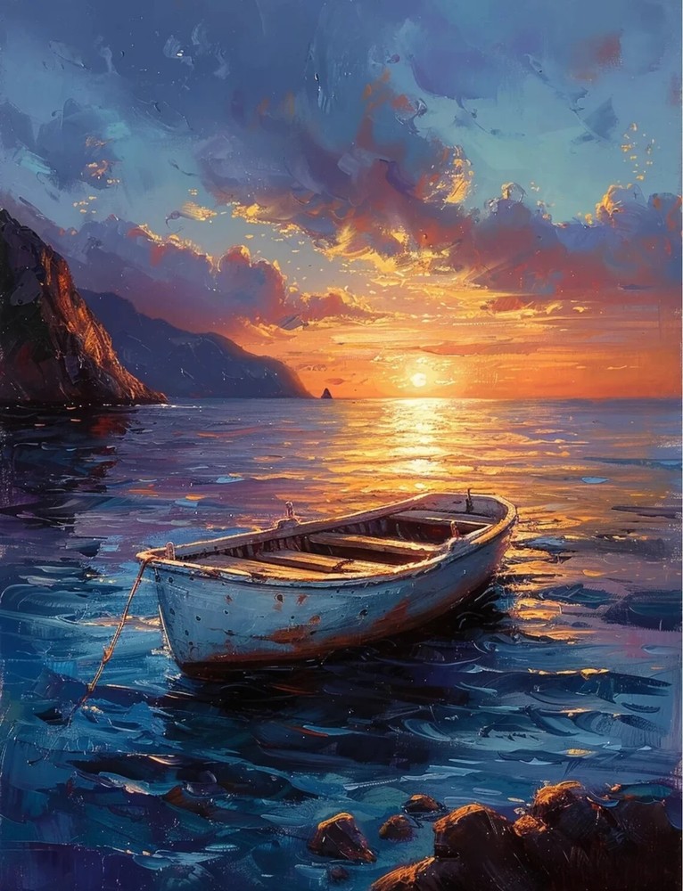 Sea Boat Dark Sky Vibrant Oil Painting Unframed Canvas Print Australian Wall Art