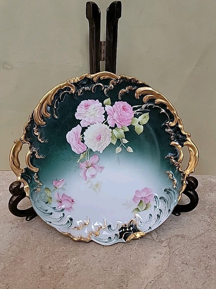 Vintage PT Germany Royal Bayreuth Green Gold Floral Porcelain Cake Plate