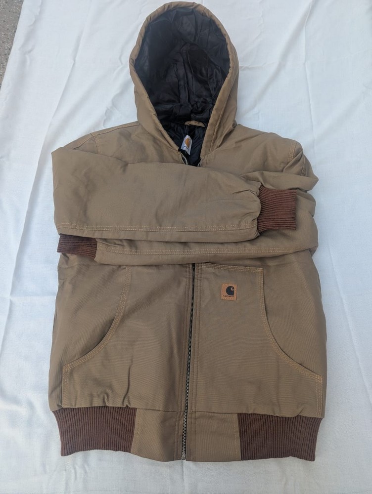 Carhartt Jacket Men’s Large Tan Sandstone Duck Canvas Quilted Lined Hooded Work