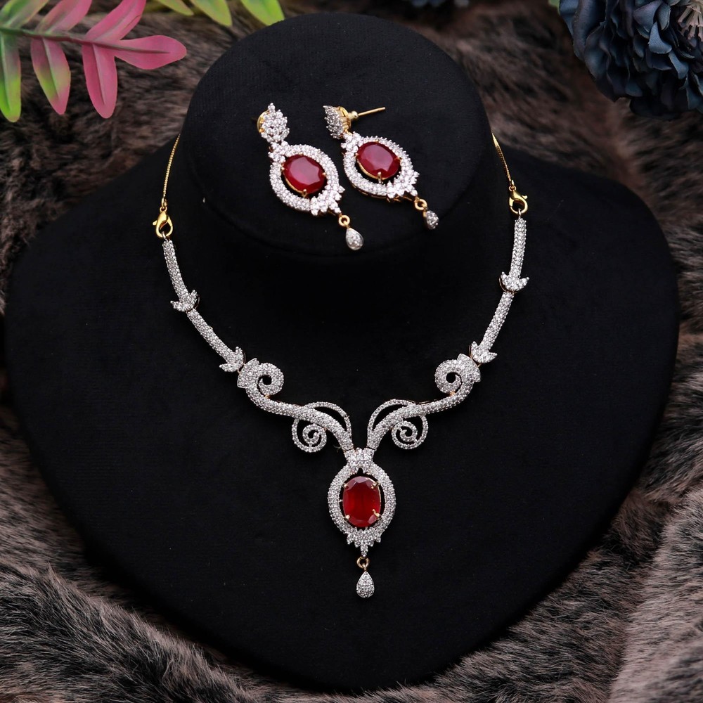 Gold Plated Ruby Red CZ Necklace Earrings Set, Valentine Gift, July Birthstone